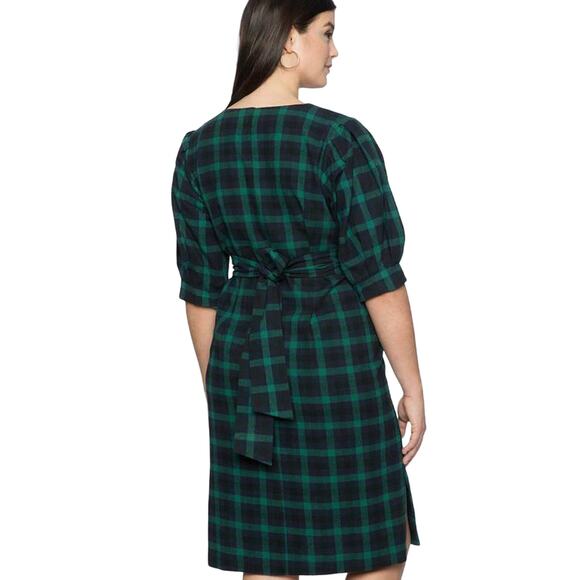 Eloquii Cotton Flannel Green Navy Plaid Tie Back Office Casual Fall Winter Dress - Picture 2 of 16